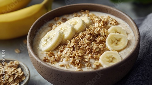Oatmeal breakfast with bananas and granola
