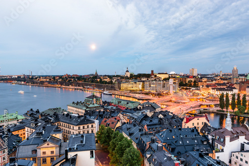 View of Stockholm cityscape with Baltic Sea and S�dermalm from German Church during evening twilight. photo