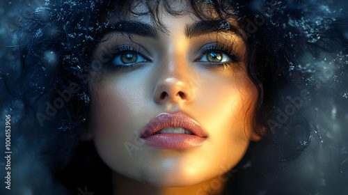 Close-up of a Woman's Face with Snowflakes in Her Hair