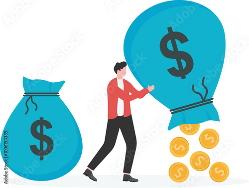 Businessmen pour out a lot of money from inside their money bags, income or profit, investment or return on investment, tax, tax or debt or financial problems

