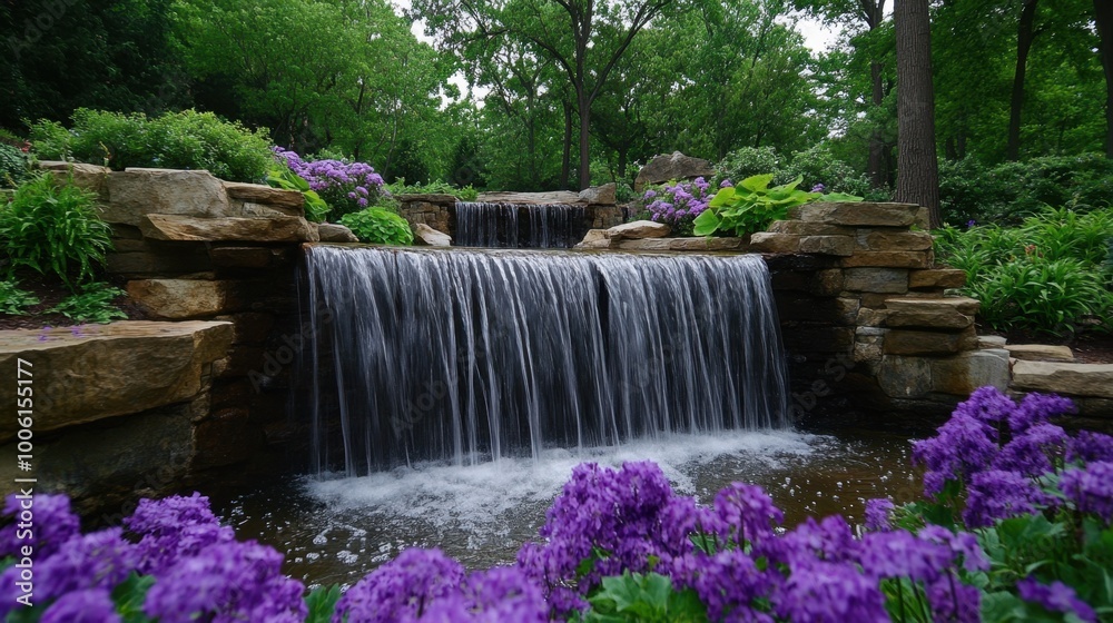 Tranquil Garden Waterfall Surrounded by Blooming Flowers Tranquil Garden Waterfall Surrounded by Blooming Flowers