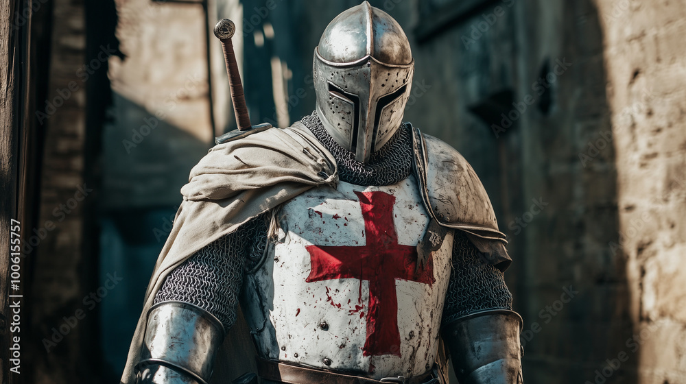 A Templar knight in heavy metal armor with the characteristic red cross ...