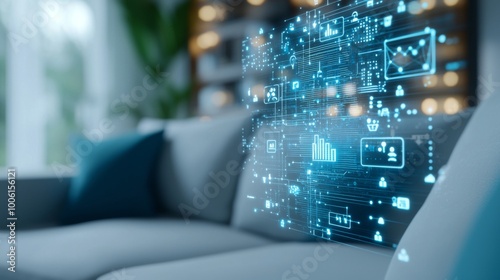 Digital Holographic AI Interface in Modern Living Room, featuring blue and white virtual reality elements, showcasing advanced smart technology integration in home environments