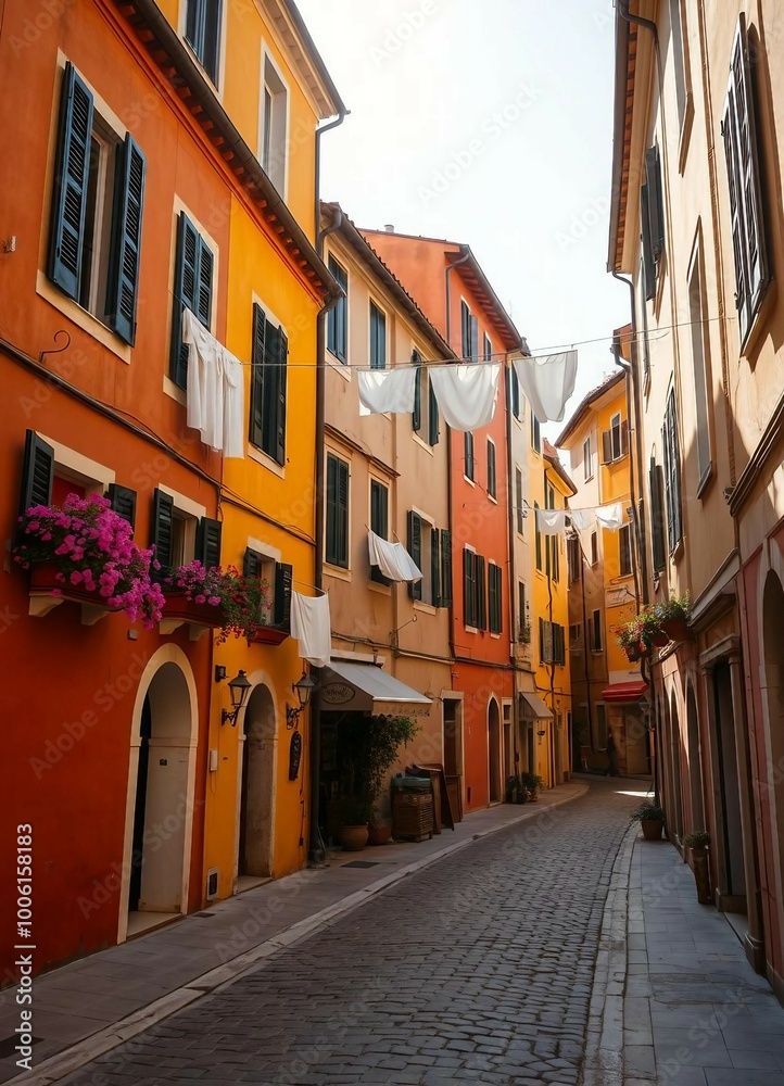 Tourist street with Italian-style houses featuring laundry on lines, full of charm. Tourist street with Italian-style houses featuring laundry on lines, full of charm.