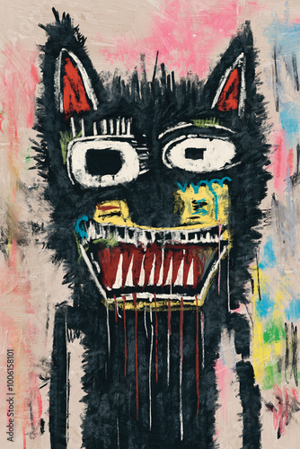 Colorful painting of a stylized black cat showing sharp teeth and a wild ferocious expression. photo