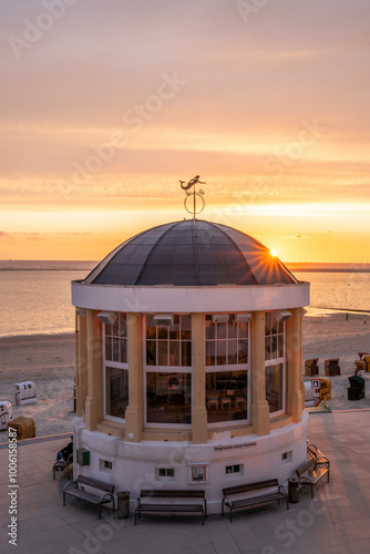 Music pavilion at sunset on the island of Borkum, Lower Saxony, Germany.