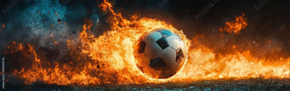 Fototapeta premium Soccer Ball Engulfed in Flames in Dramatic Fiery Motion