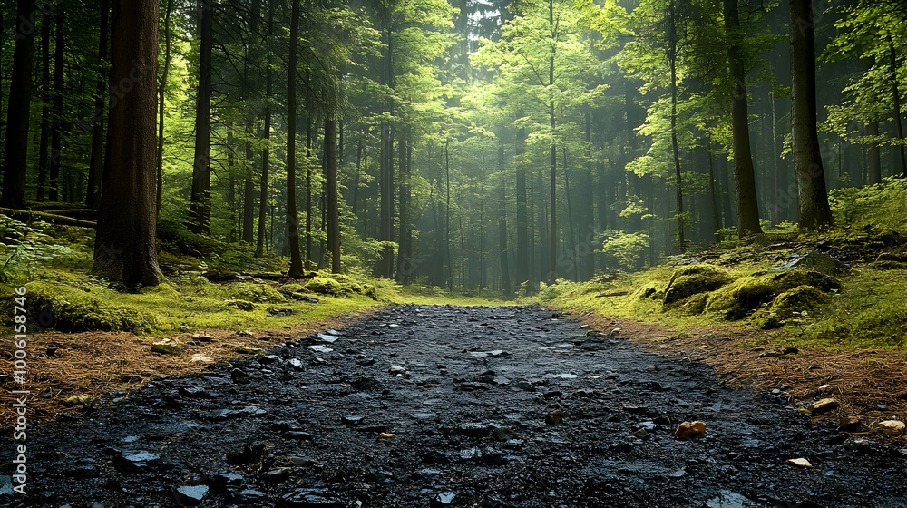 Obraz premium Forest Path Through Tall Trees with Sun Rays