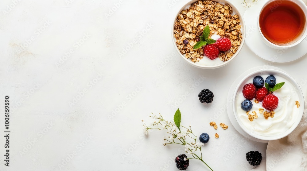 A light breakfast with yogurt, granola, and berries, served with herbal tea on a minimalist table, in a natural, realistic setting A light breakfast with yogurt, granola, and berries, served with herbal tea on a minimalist table, in a natural, realistic setting