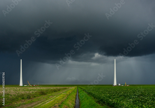 Dark clouds over two wind turbines under construction in a green agricultural field.
