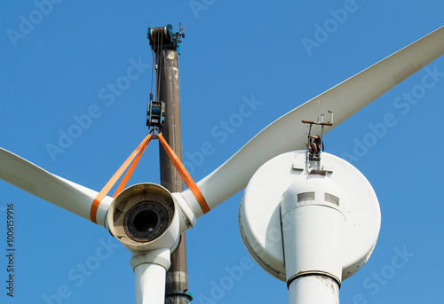 Disassembly of a wind turbine to be shipped to South America for its second life in The Netherlands, nobody visible. photo