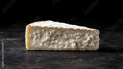 A single piece of Cotija cheese, crumbly and textured, softly illuminated on a deep black background. Gentle spotlight, soft shadows, high contrast, isolated subject, smooth surface, photo