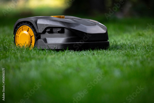 Robotic lawn mower mowing green grass in a garden
