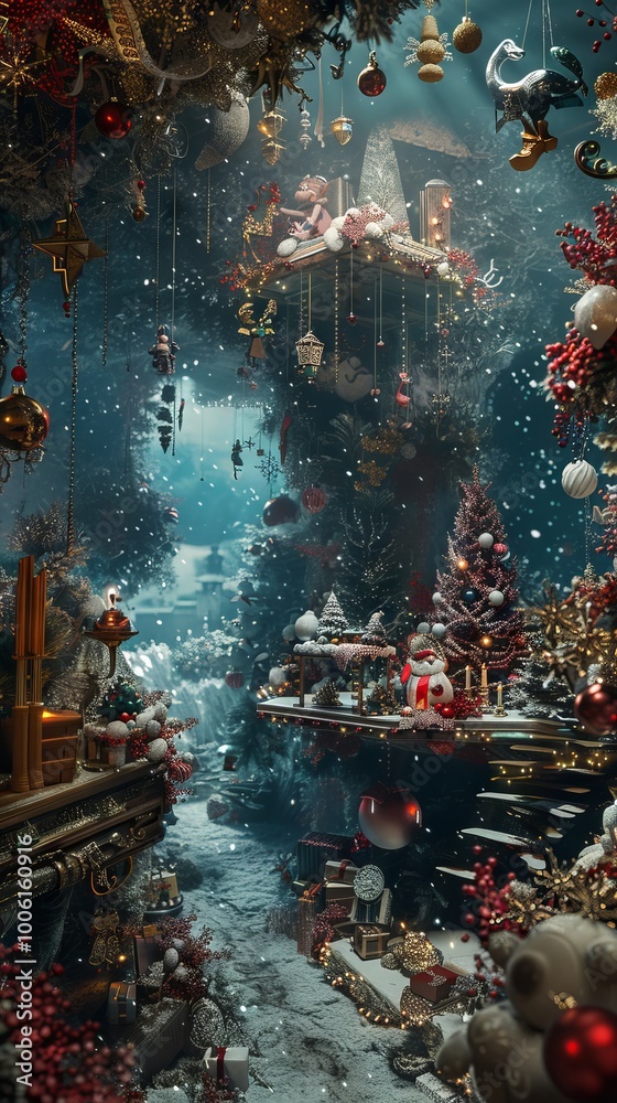 Obraz premium Surreal Christmas setting with gravity-defying decorations and dreamlike scenery.
