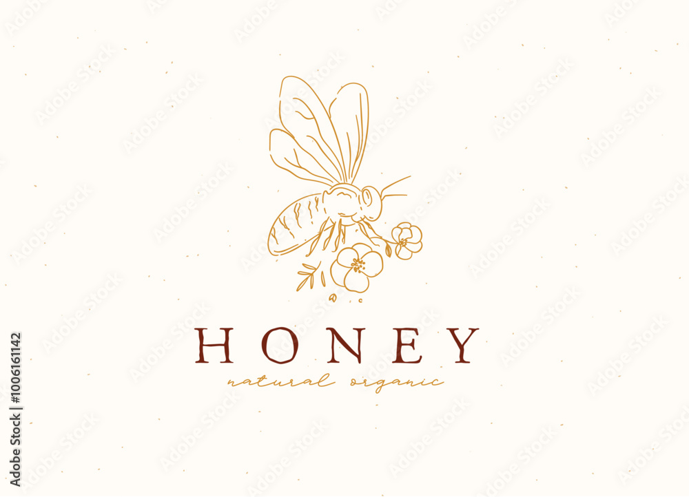 Bee with lettering honey natural organic drawing in floral style on beige background