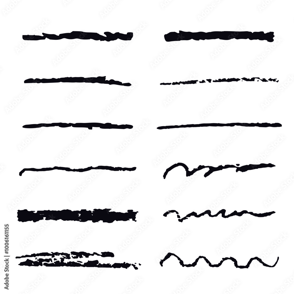 Charcoal pencil straight horizontal lines set. Scribble black strokes collection. Textured underline stripes doodle hand drawn vector illustration Charcoal pencil straight horizontal lines set. Scribble black strokes collection. Textured underline stripes doodle hand drawn vector illustration