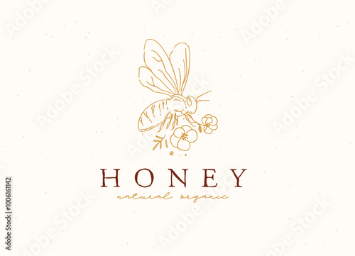 Bee with lettering honey natural organic drawing in floral style on beige background