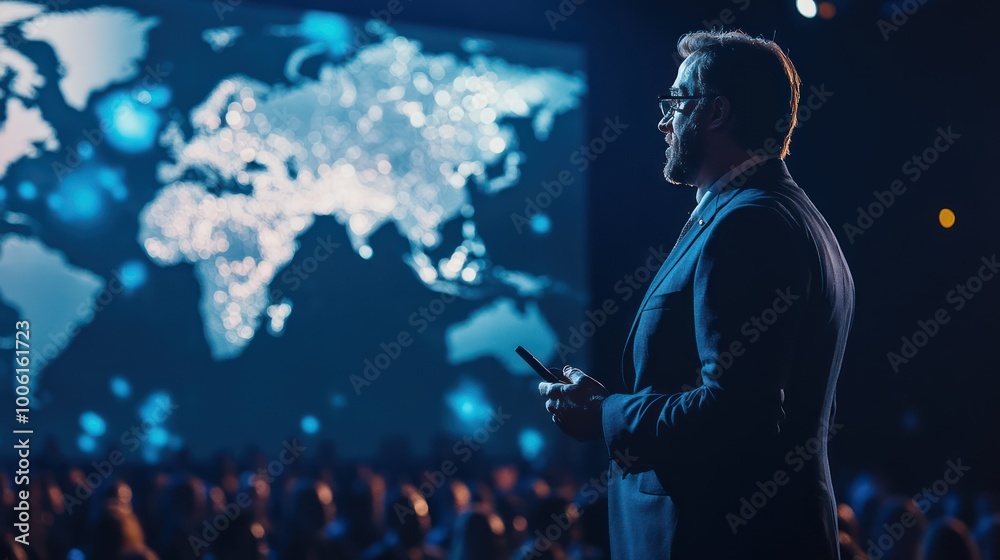 Obraz premium A global business leader giving a keynote speech on international trade, large audience at a modern business summit
