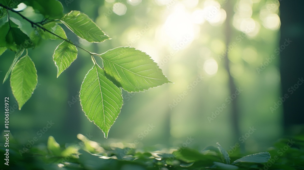 Obraz premium Sunlit Serenity in the Forest, a peaceful woodland setting where gentle rays illuminate the ground, fostering a calming atmosphere perfect for reflection and tranquility.