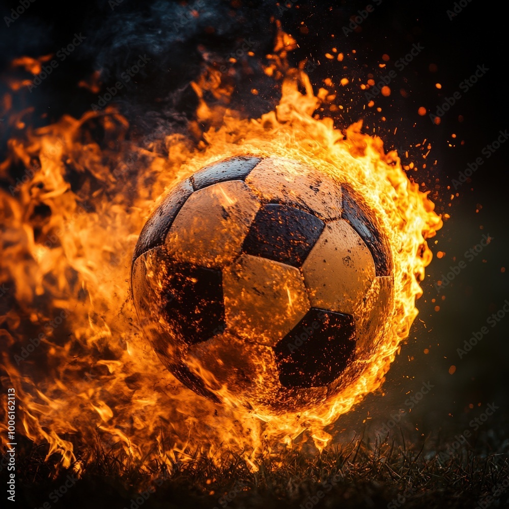 Fototapeta premium Soccer Ball Engulfed in Flames in Dramatic Fiery Motion