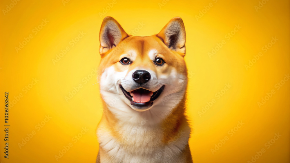 cheerful Shiba Inu dog with bright smile is looking up against vibrant yellow background, radiating joy and warmth. This adorable canine captures attention with its playful expression and fluffy cheerful Shiba Inu dog with bright smile is looking up against vibrant yellow background, radiating joy and warmth. This adorable canine captures attention with its playful expression and fluffy