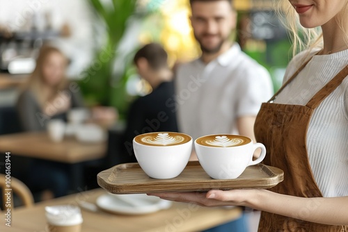 Tray with coffee cups held by Waitress at cafe bar. Generative Ai photo