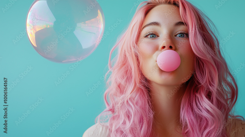 A girl with pink hair blows a bubble with chewing gum, her face adorned with light freckles. The background is a bright blue color A girl with pink hair blows a bubble with chewing gum, her face adorned with light freckles. The background is a bright blue color