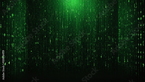 Matrix-style digital background with green binary code cascading down the screen