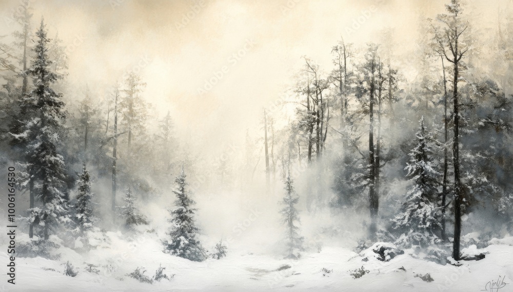 A misty winter forest scene with snow-covered trees and a path leading into the distance. A misty winter forest scene with snow-covered trees and a path leading into the distance.