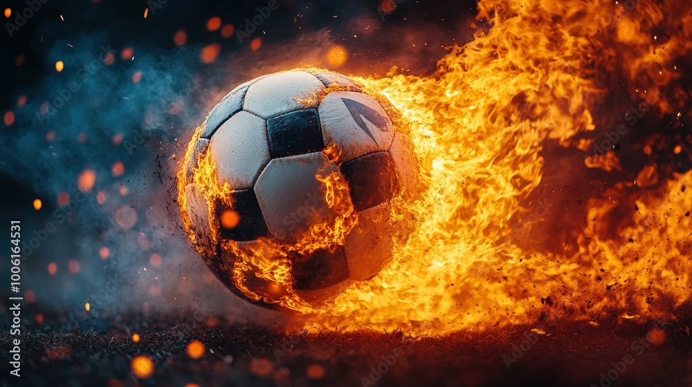 Fototapeta premium Soccer Ball Engulfed in Flames in Dramatic Fiery Motion