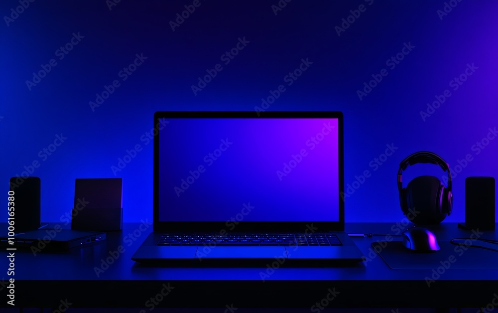 A sleek workspace with a laptop, headphones, and speakers illuminated by a purple-blue glow. A sleek workspace with a laptop, headphones, and speakers illuminated by a purple-blue glow.