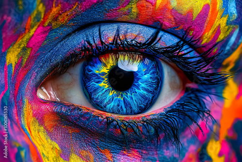 close up shot of blue eye with abstract makeup, illustration of eye with abstract colors