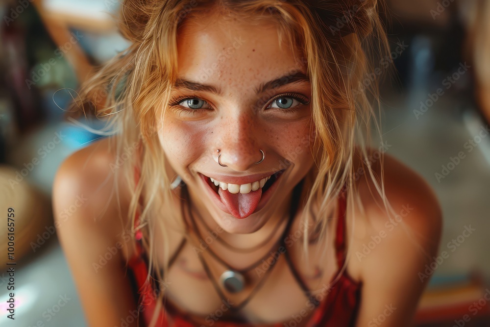 Young woman sticking out her tongue playfully, showing multiple facial piercings. Young woman sticking out her tongue playfully, showing multiple facial piercings.