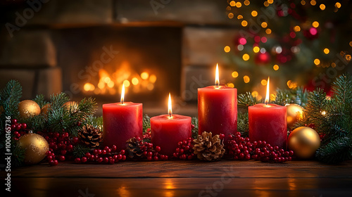 Candles, Ornaments, and Evergreen Branches: A Festive Winter Scene