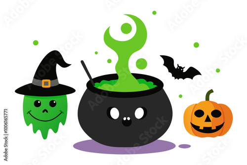 A fun and festive Halloween illustration featuring a cauldron bubbling with green potion, a friendly ghost wearing a witch's hat, a spooky pumpkin and a flying bat. photo