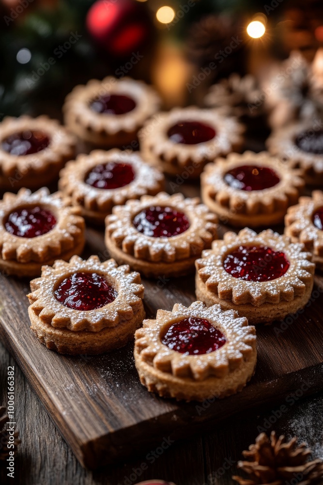 Festive Linzer Cookies with Raspberry Jam on a Cozy Winter Table Festive Linzer Cookies with Raspberry Jam on a Cozy Winter Table