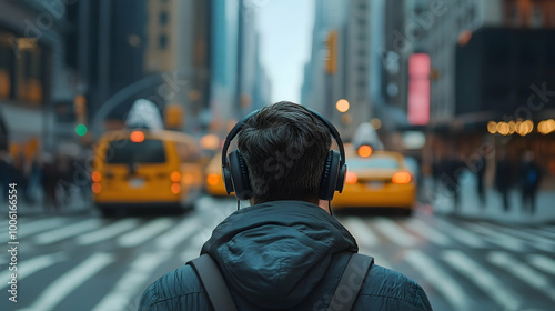 A candid moment of an adult with ADHD navigating a busy city, using headphones to block out distractions while enjoying the hustle and bustle around them