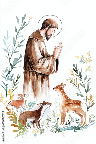 Watercolor illustration of St. Francis of Assisi in contemplative prayer, surrounded by woodland animals