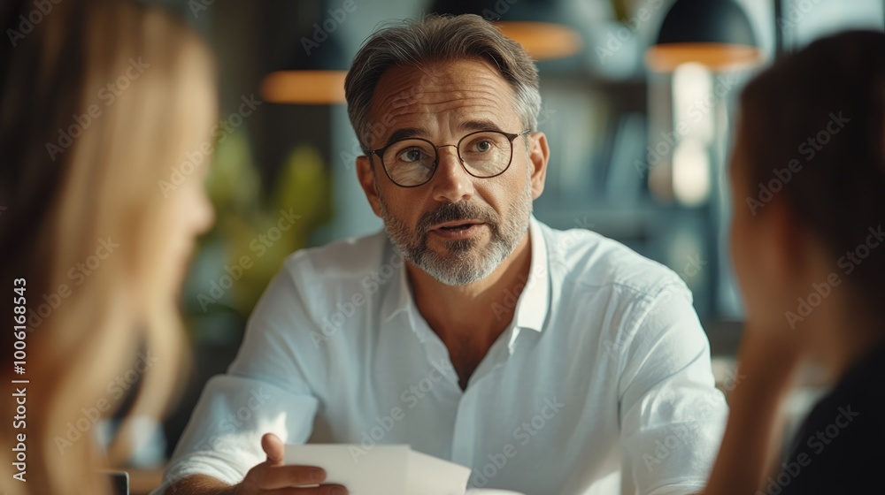 A man wearing glasses is talking to two other people A man wearing glasses is talking to two other people
