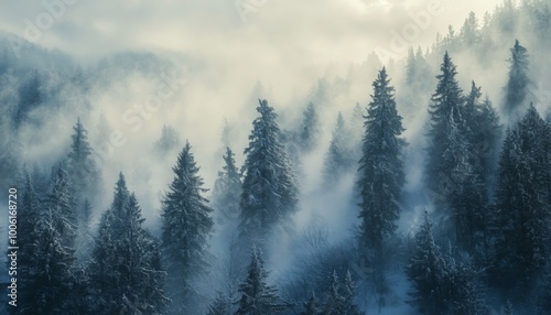 A misty winter forest with tall pine trees.