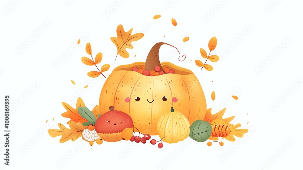 Obraz premium Adorable thanksgiving invitation featuring a cute cartoon pumpkin, with leaves, berries, and a cornucopia filled with fruits and vegetables. Isolated on white background
