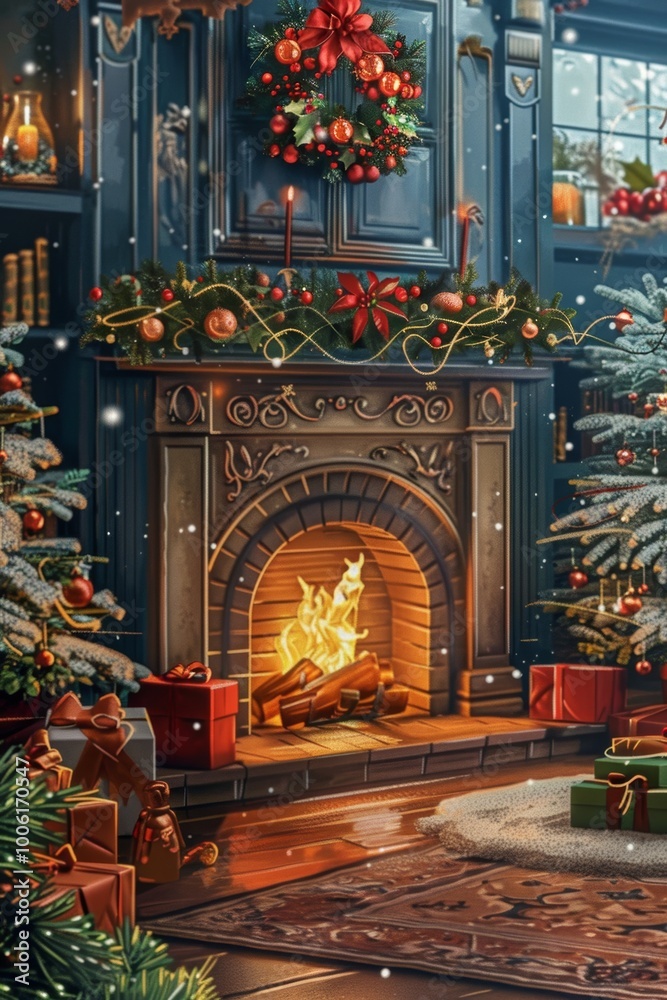 Obraz premium A fireplace with a wreath of red and green ornaments on it. The room is decorated for Christmas