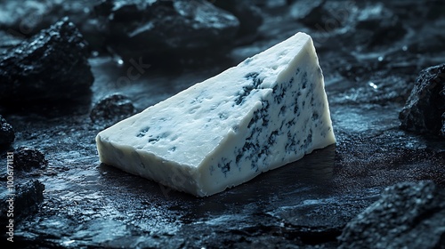 Minimalist close-up of a Roquefort cheese triangle, softly lit on a charcoal black surface. Soft directional lighting from left, creamy texture with visible blue veins, isolated subject,