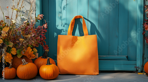 Natural Material Tote Bag Mockup with Autumn Pumpkins for Halloween Shopping Design photo