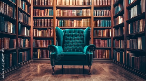 A cozy reading nook features a plush armchair surrounded by shelves filled with books, inviting relaxation and exploration.