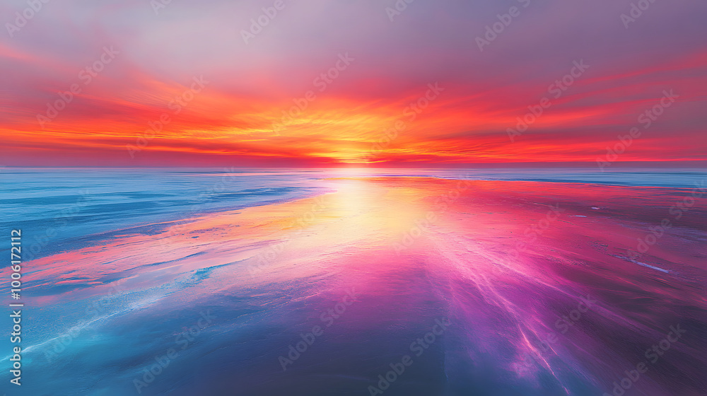 Vibrant Sunset Reflected on Frozen Lake in Winter Vibrant Sunset Reflected on Frozen Lake in Winter