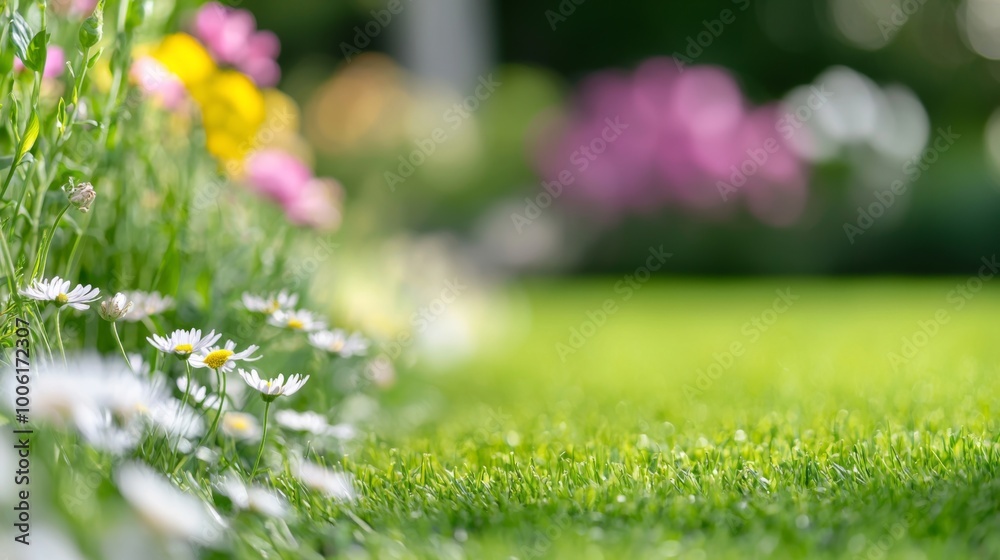 Fototapeta premium Charming English Garden Oasis, vibrant summer blooms, lush green lawn, graceful trees, soft focus backdrop creates a serene and inviting atmosphere for relaxation.
