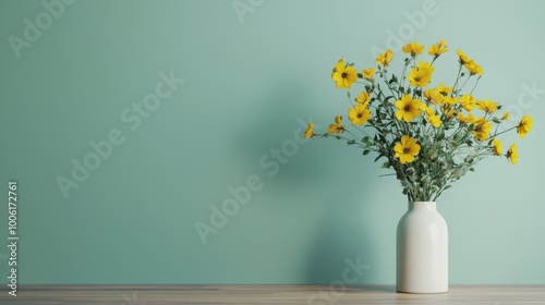 Bright Green Room with Wooden Floor and Yellow Flowers, a serene minimalist space featuring vibrant green walls, a warm wooden floor, and a cheerful vase of yellow blooms.