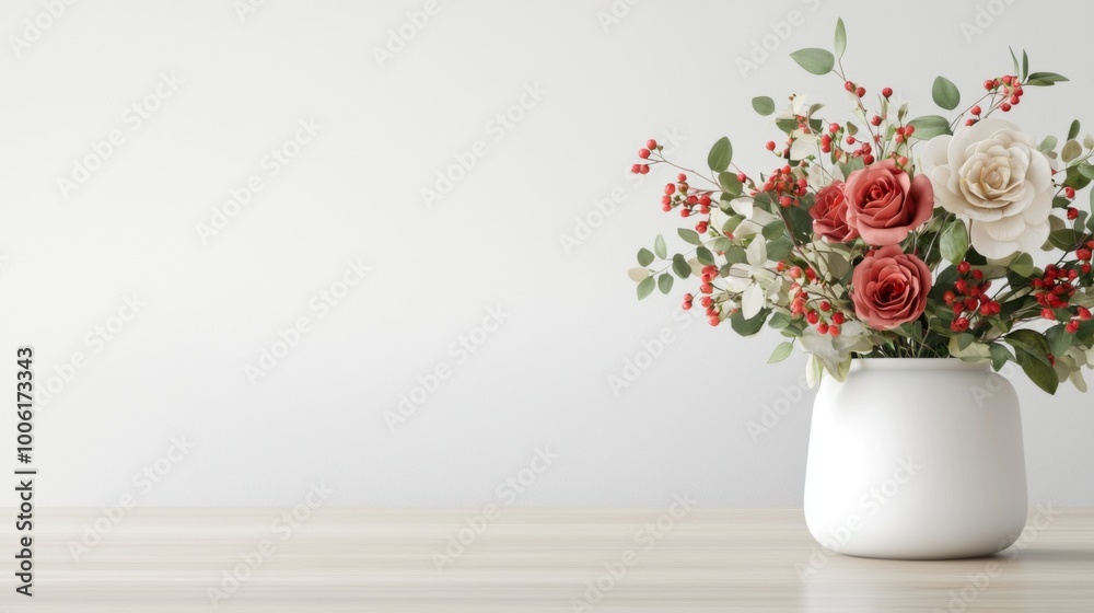 Intimate Dining Space, a close view of a round table adorned with a vibrant floral centerpiece, surrounded by a minimalist backdrop, creating a clean and inviting atmosphere