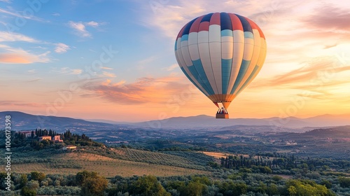 A colorful hot air balloon floats over a scenic landscape at sunset, showcasing nature's beauty and tranquility.